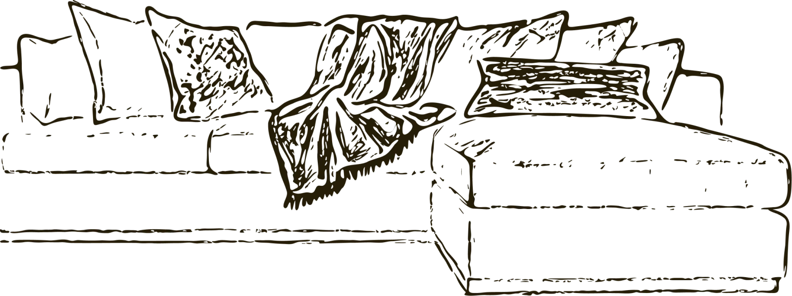 Illustration of a sectional sofa with throw pillows and a blanket draped over it, viewed from the front.