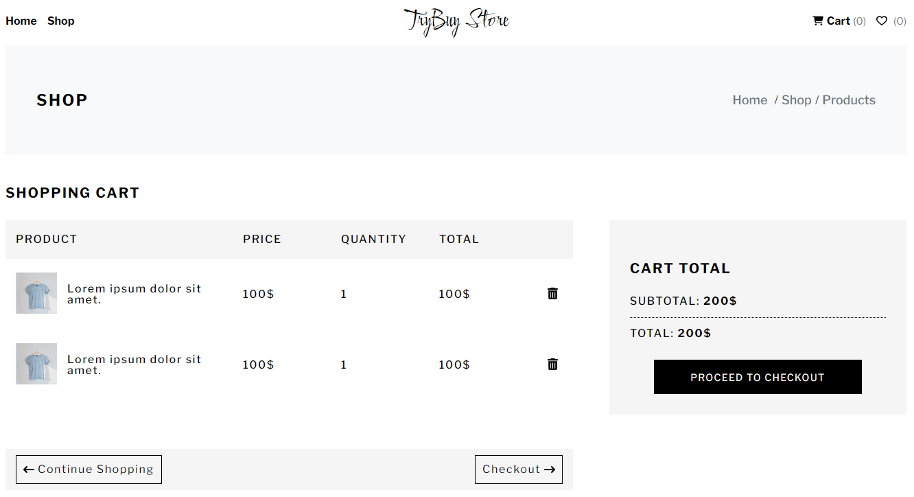 shopping cart page example, builded with Nuxt.js