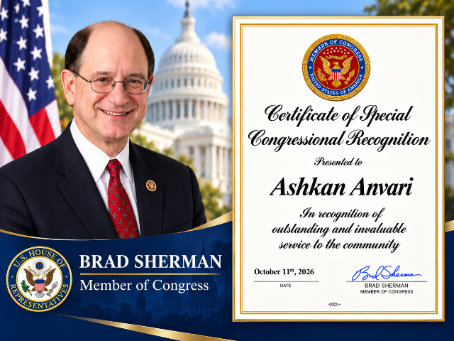 Ashkan Anvari Receives Special Congressional Recognition from U.S. Congressman Brad Sherman