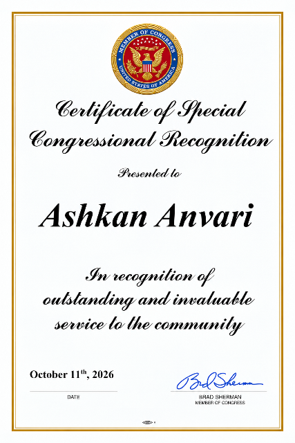 Ashkan Anvari Receives Special Congressional Recognition from Congressman Brad Sherman