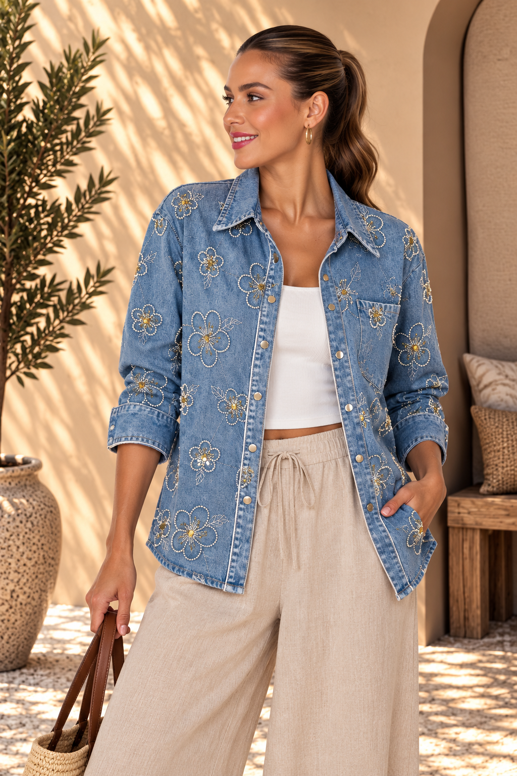 retrato de moda con denim floral y mimbre