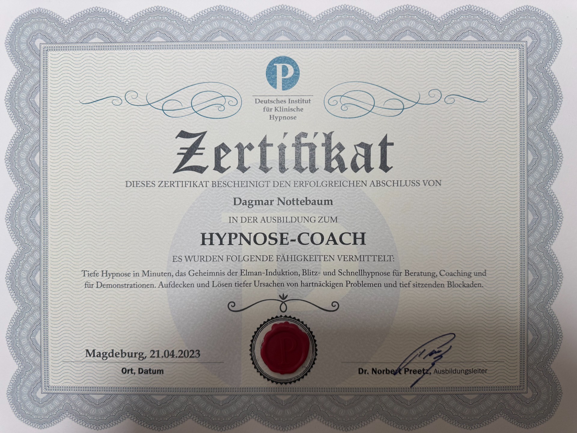 Zertifikat Hypnose Institut Phoenix