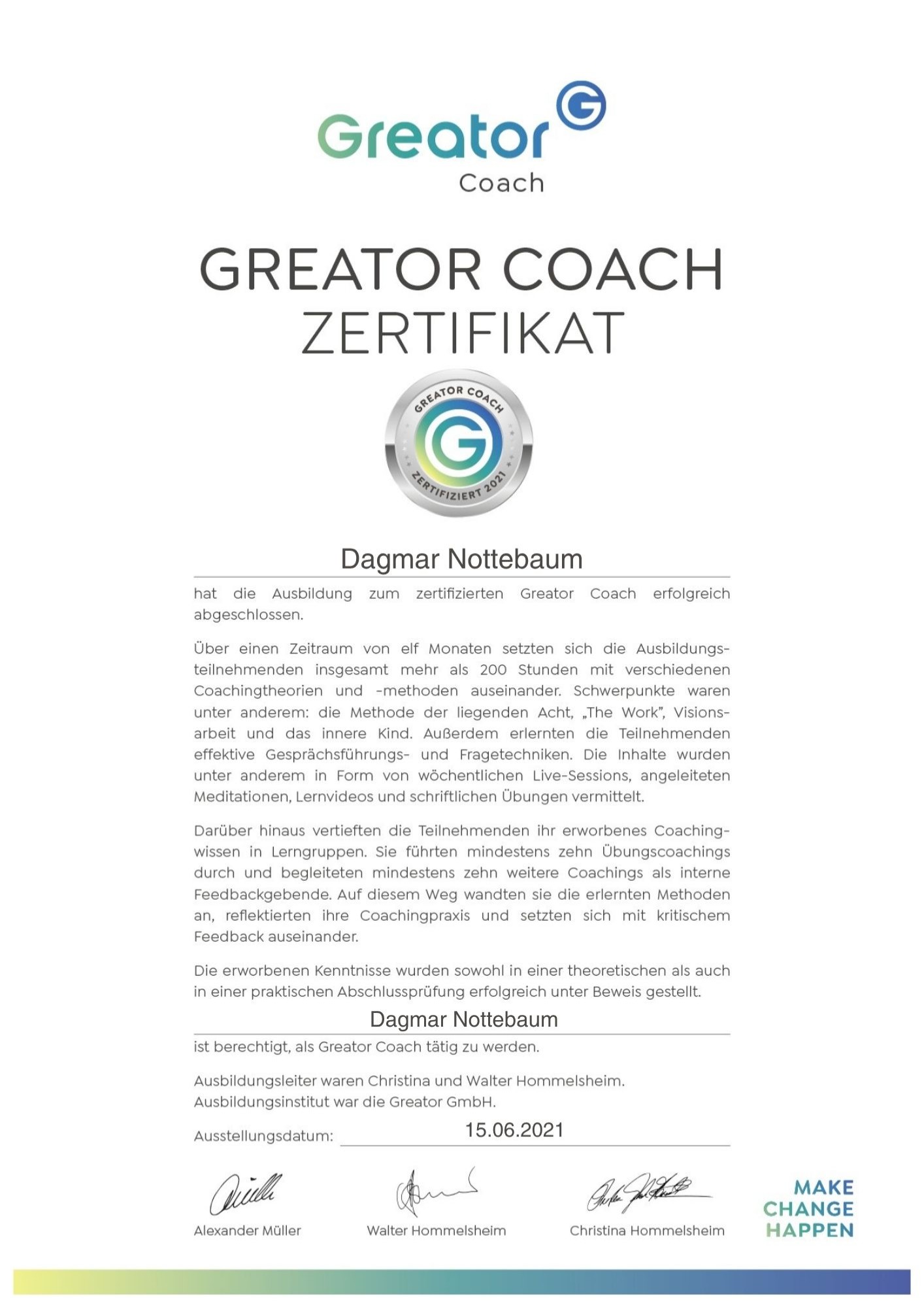 Greator Coach Zertifikat für Dagmar Nottebaum
