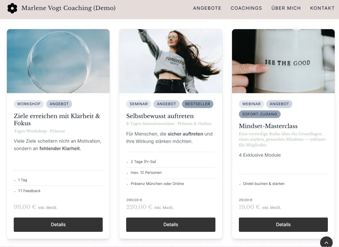Demo Website mit Produktkarten