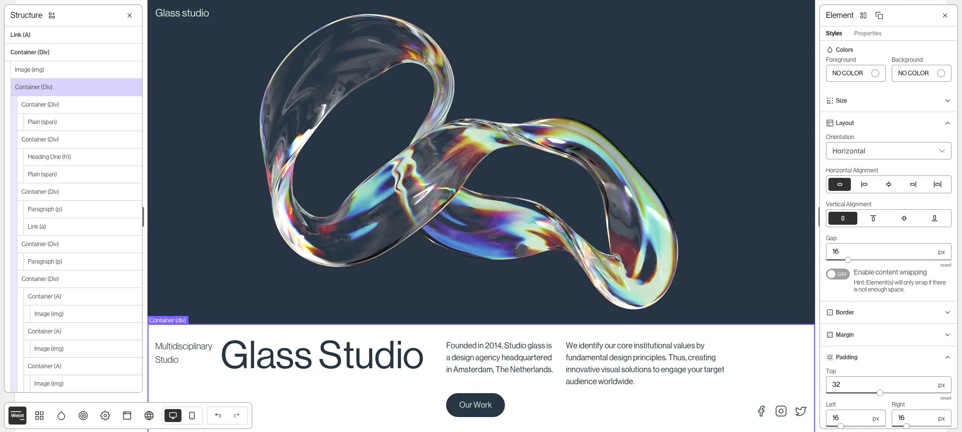 Showcasing the Webit online website builder preview window while editing the Glass studio one-page website.