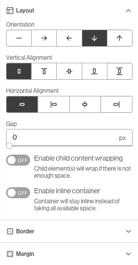 Webit website studio having selected a website element and rendering options for vertical and horizontal layouts along with custom orientation behaviour.