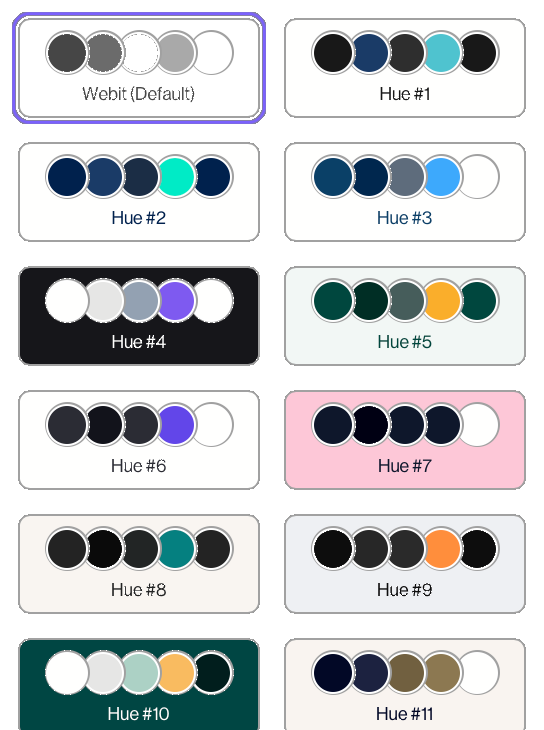 Color palette options (5 complimentary color combinations) for your Webit website
