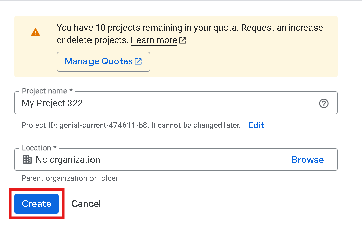 Create Project Screen