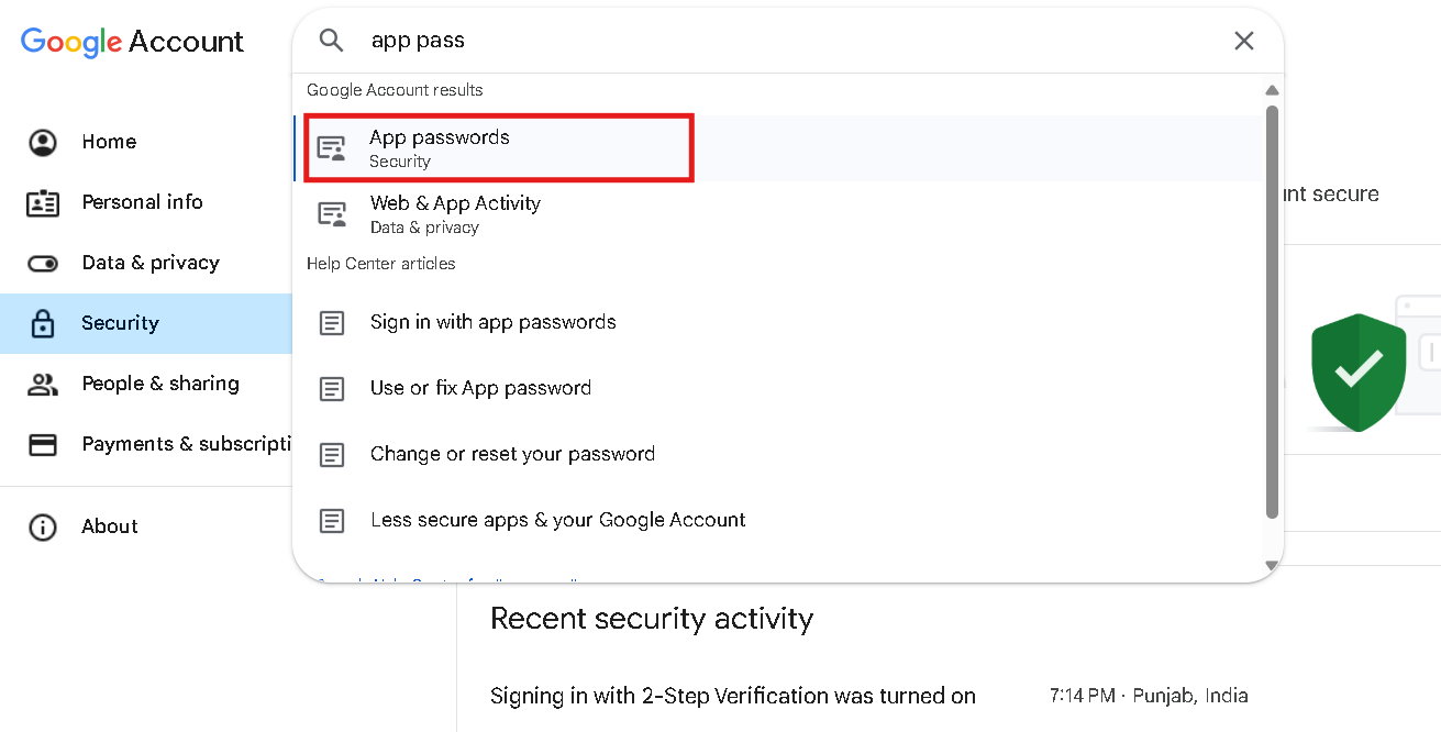 Google App Passwords page