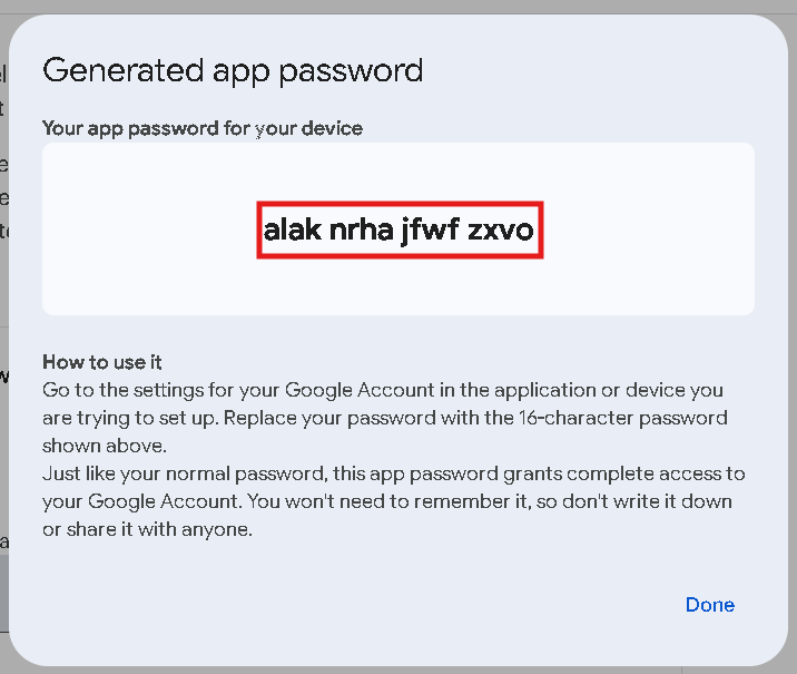 Gmail 16 character app password