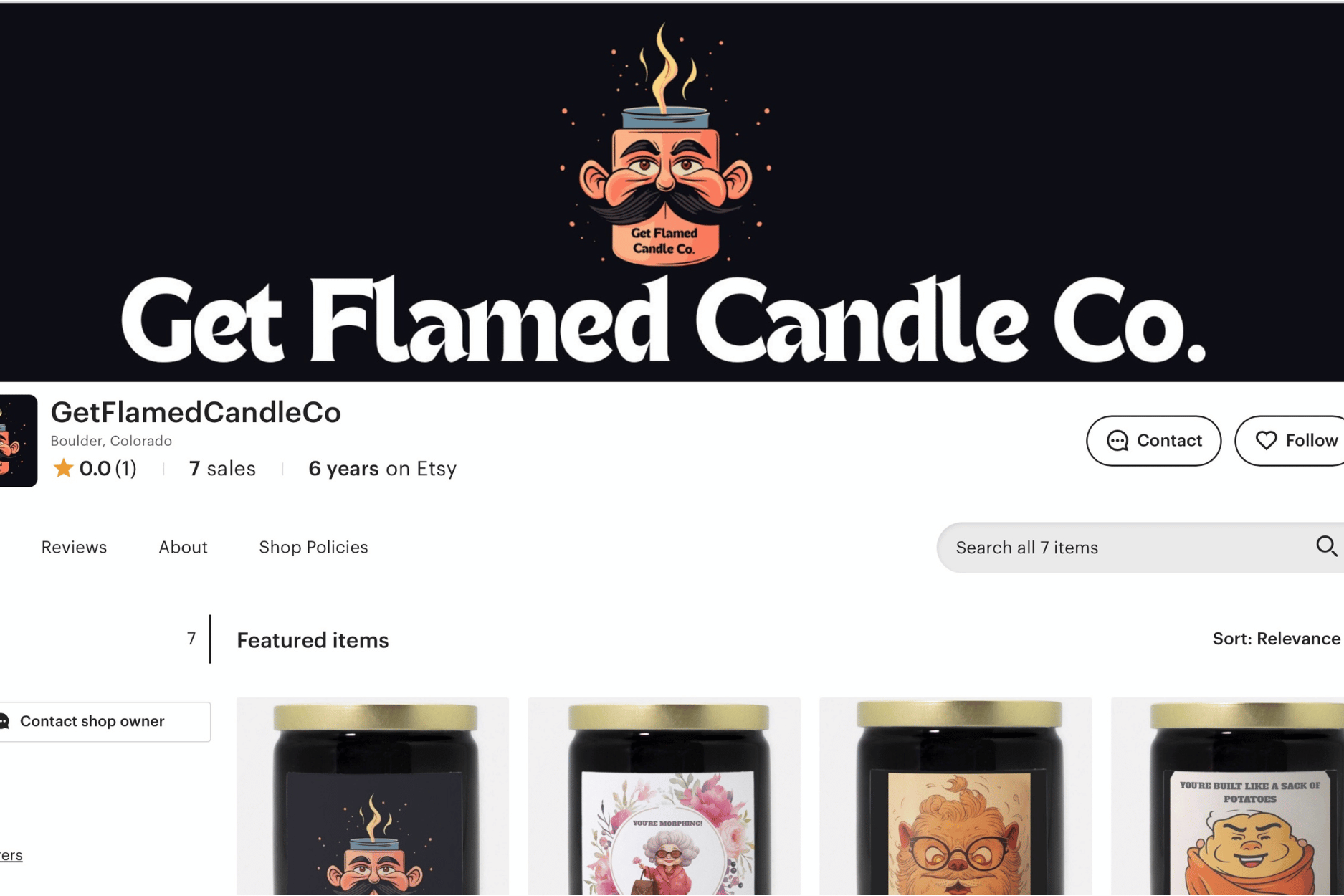Screenshot of the Get Flamed Candle Co. website