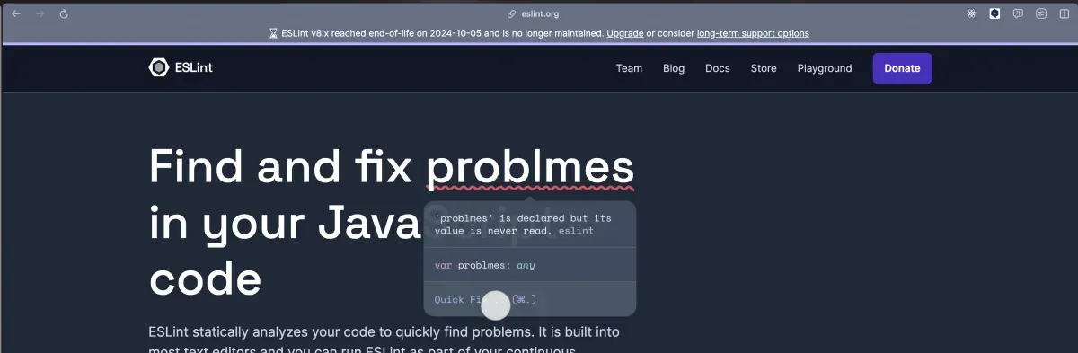 ESLint 8.x 버전 이전의 지원이 중단됨을 공지하고 있다.
