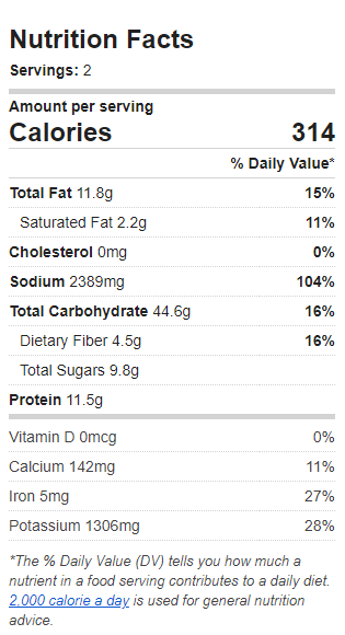Nutrition Label of the Recipe. Value: 314 calories