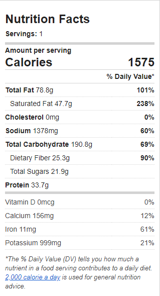 Nutrition Label of the Recipe. Value: 1575 calories