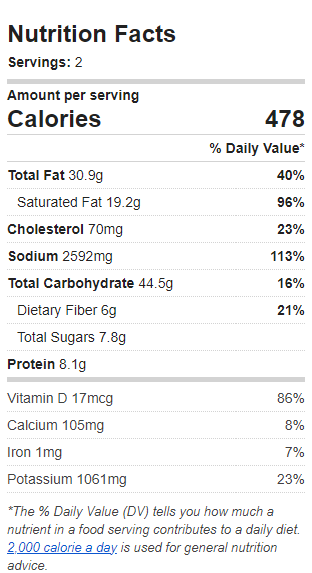 Nutrition Label of the Recipe. Value: 478 calories