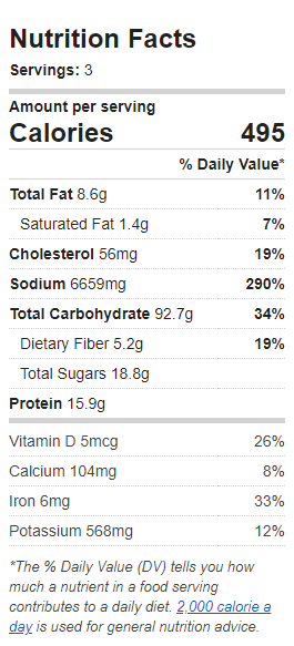 Nutrition Label of the Recipe. Value: 495 calories