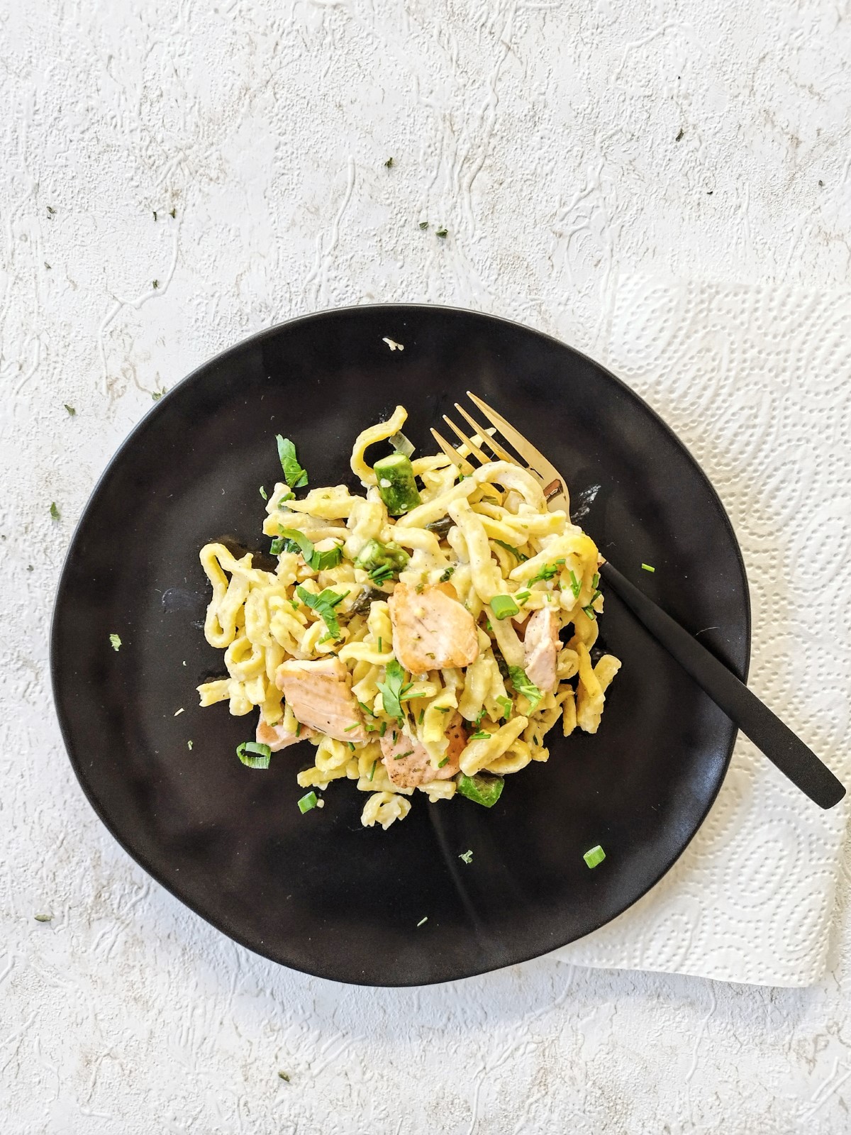 Asparagus with salmon and spätzle (egg noodles) are delicious, and light spring lunch. 