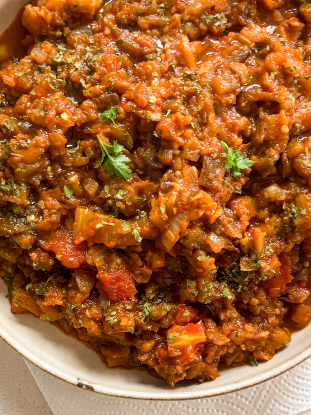 Baingan Bharta - Indian Eggplant Dish - Baingan bharta Indian eggplant dish in a plate 