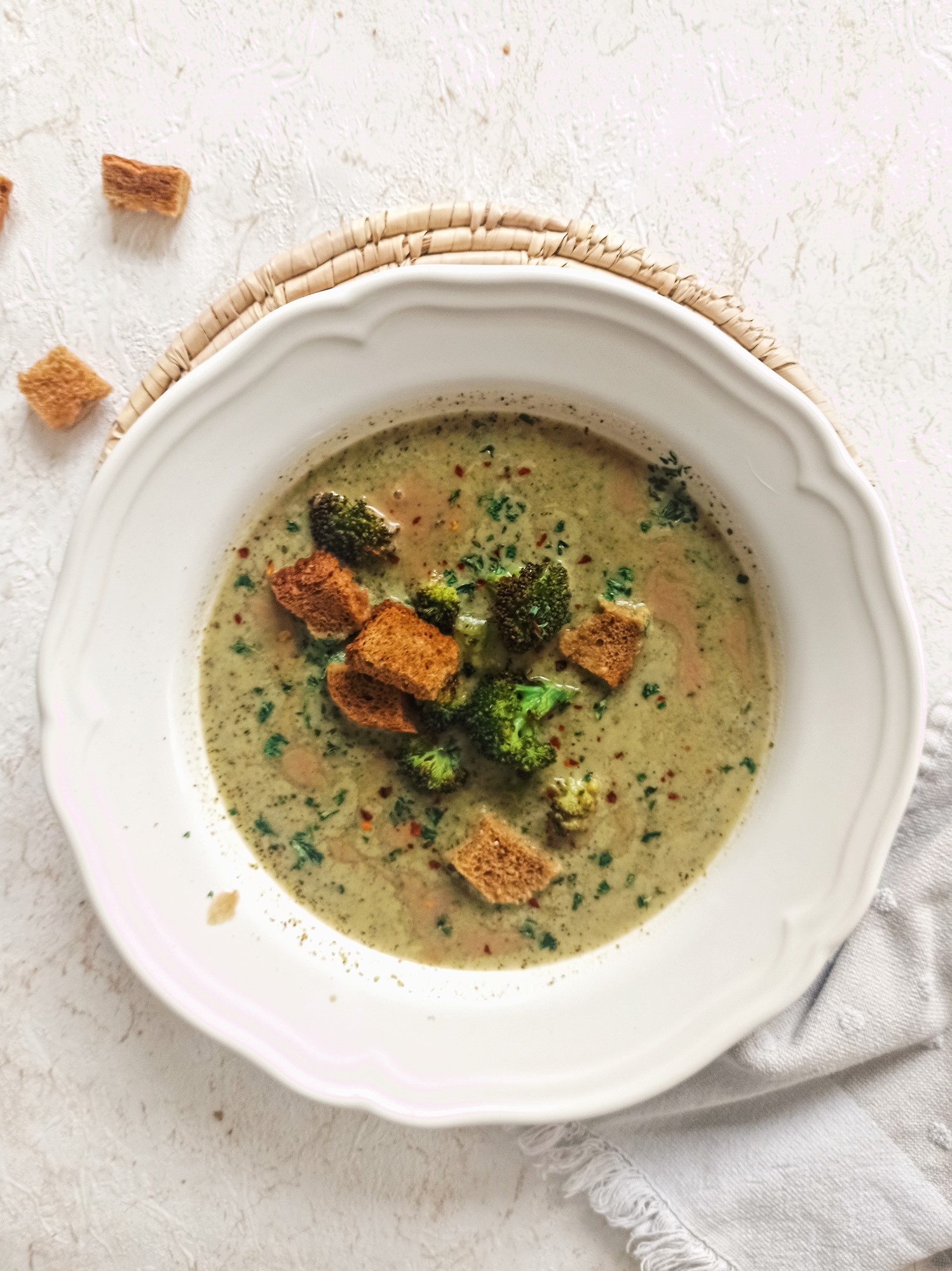 Creamy broccoli soup with tahini, lemon and garlic.