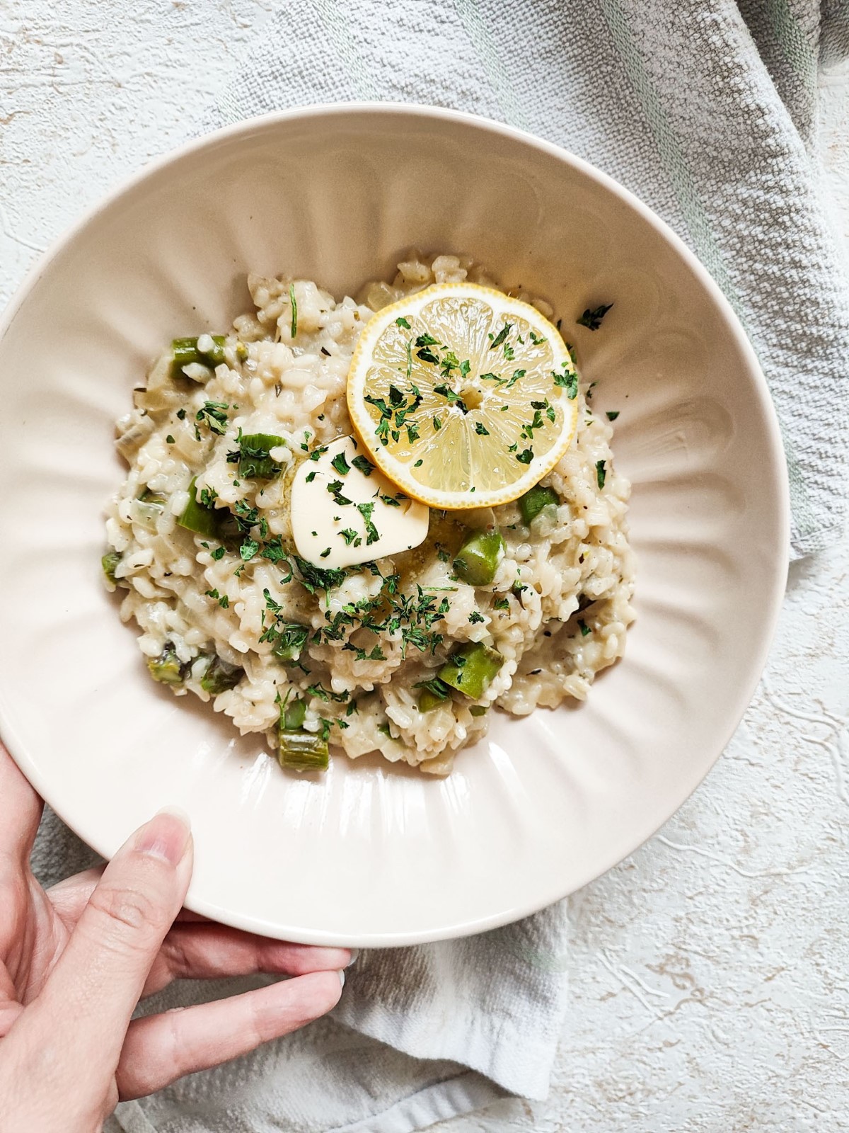 Creamy, delicious asparagus risotto for a late spring or early summer meal. 