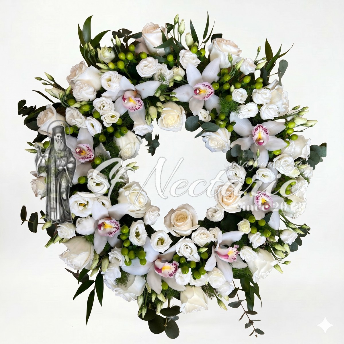 Aranjament funerar orhidee și trandafiri
