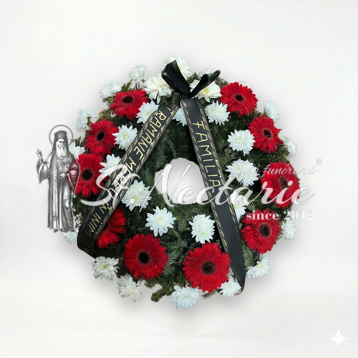 Coroană funerară crizanteme și gerbera
