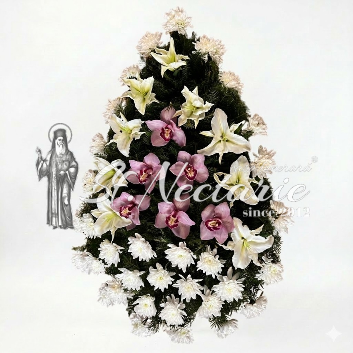 Coroană funerară crizanteme și orhidee mov