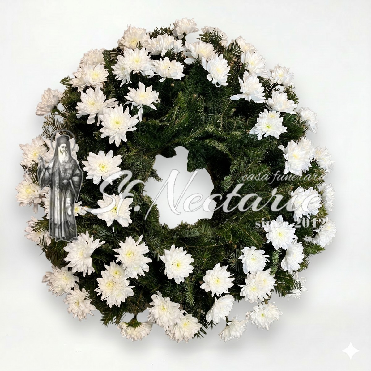 Coroană funerară rotundă crizanteme albe