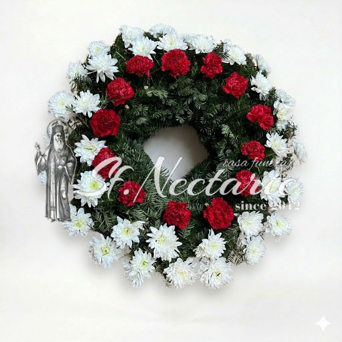 Coroană funerară rotundă garoafe și crizanteme