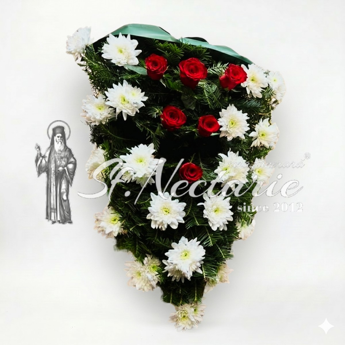 Jerbă funerară trandafiri roșii crizanteme