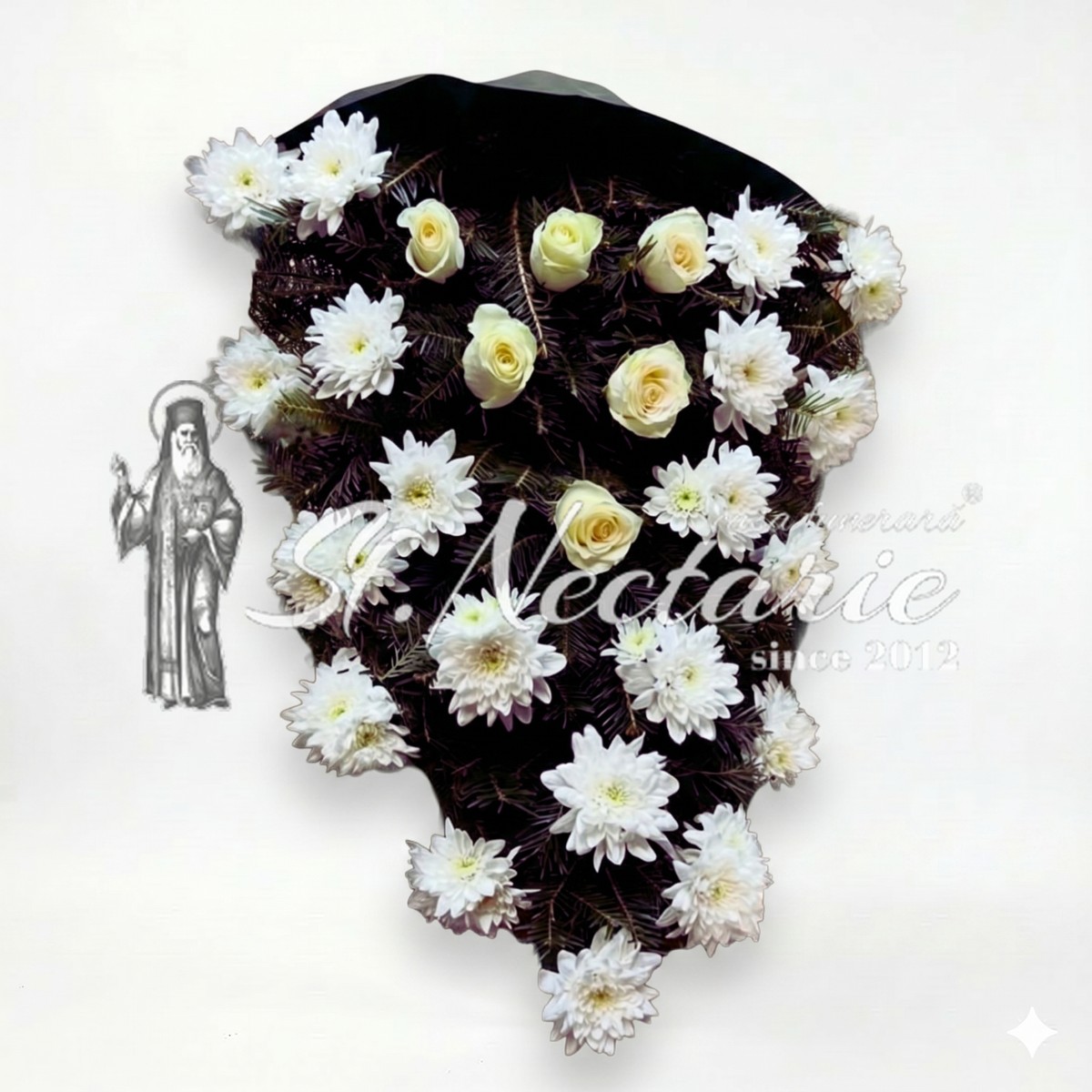 Jerbă funerară trandafiri albi și crizanteme