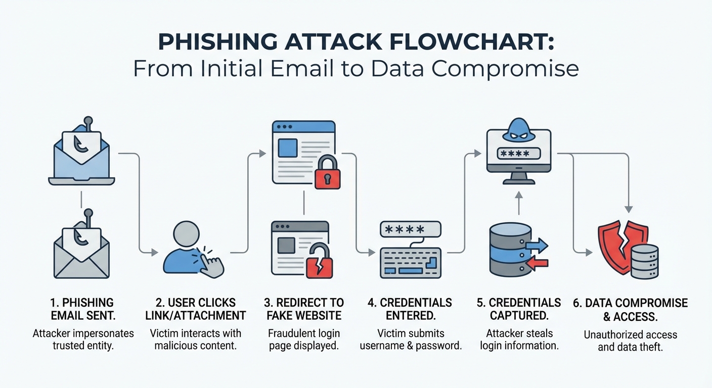 A diagram illustrating the steps of a phishing attack, from initial email to data compromise.