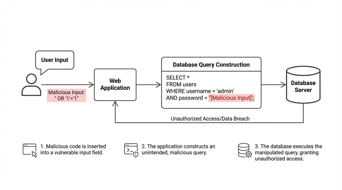 A diagram illustrating how an SQL injection attack works, highlighting the malicious code inserted into a database query.