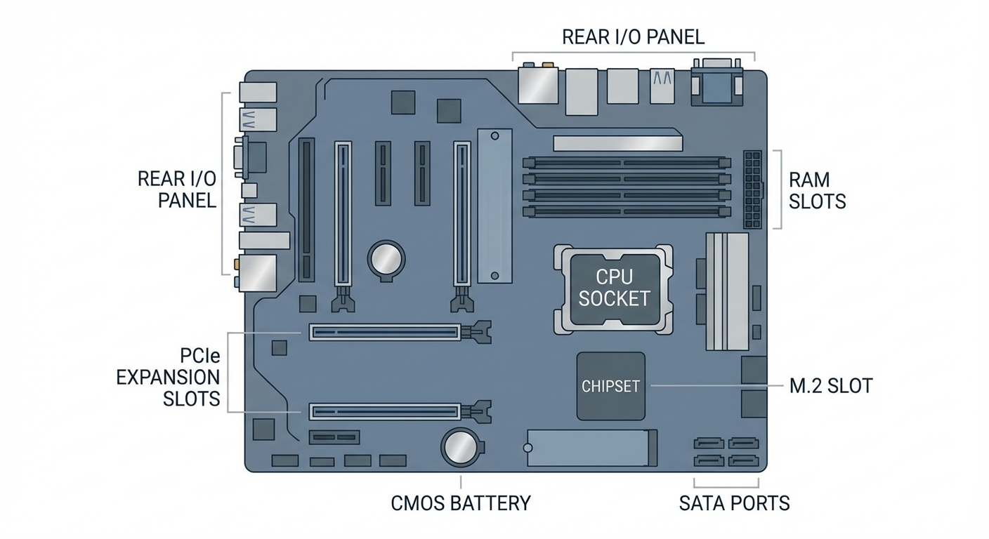 Diagram of a computer's motherboard, labeling key components like the CPU socket, RAM slots, and expansion slots.