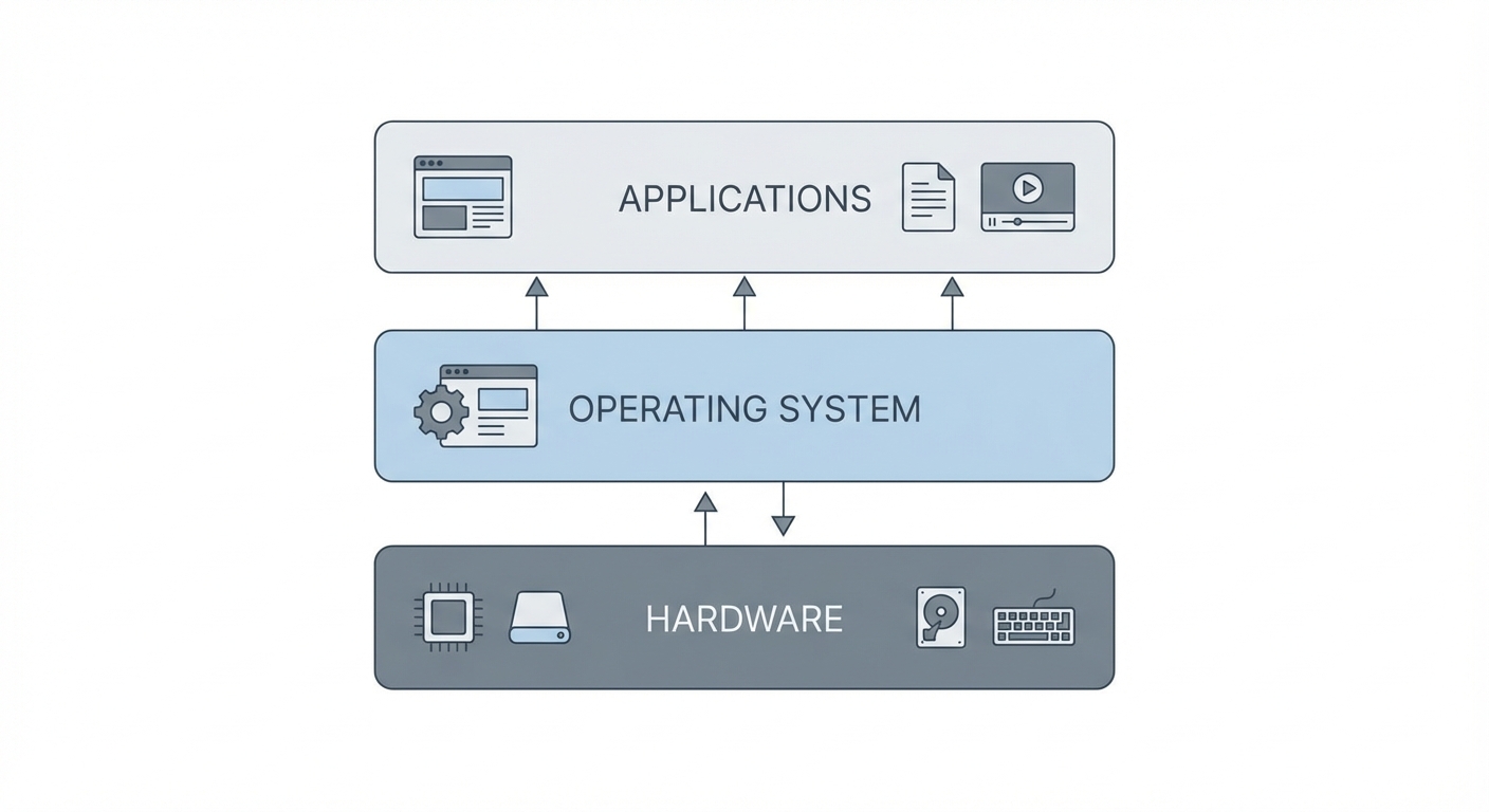 A simple diagram illustrating the relationship between hardware, operating system, and applications.