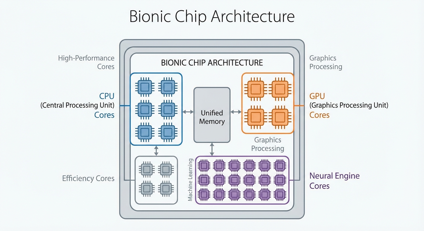 Diagram illustrating the architecture of a Bionic chip, highlighting its CPU, GPU, and Neural Engine cores.