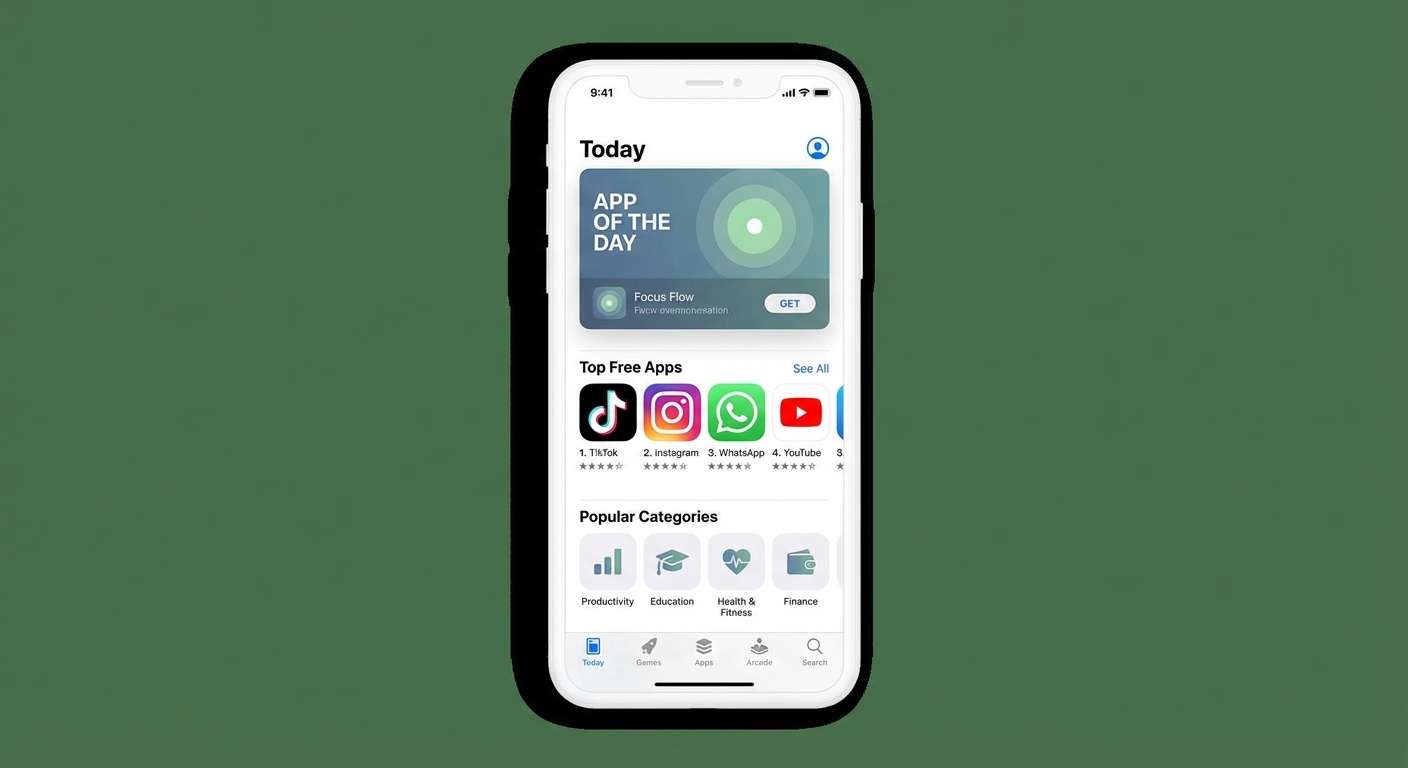 Screenshot of the App Store interface on an iPhone, showcasing popular apps and categories.