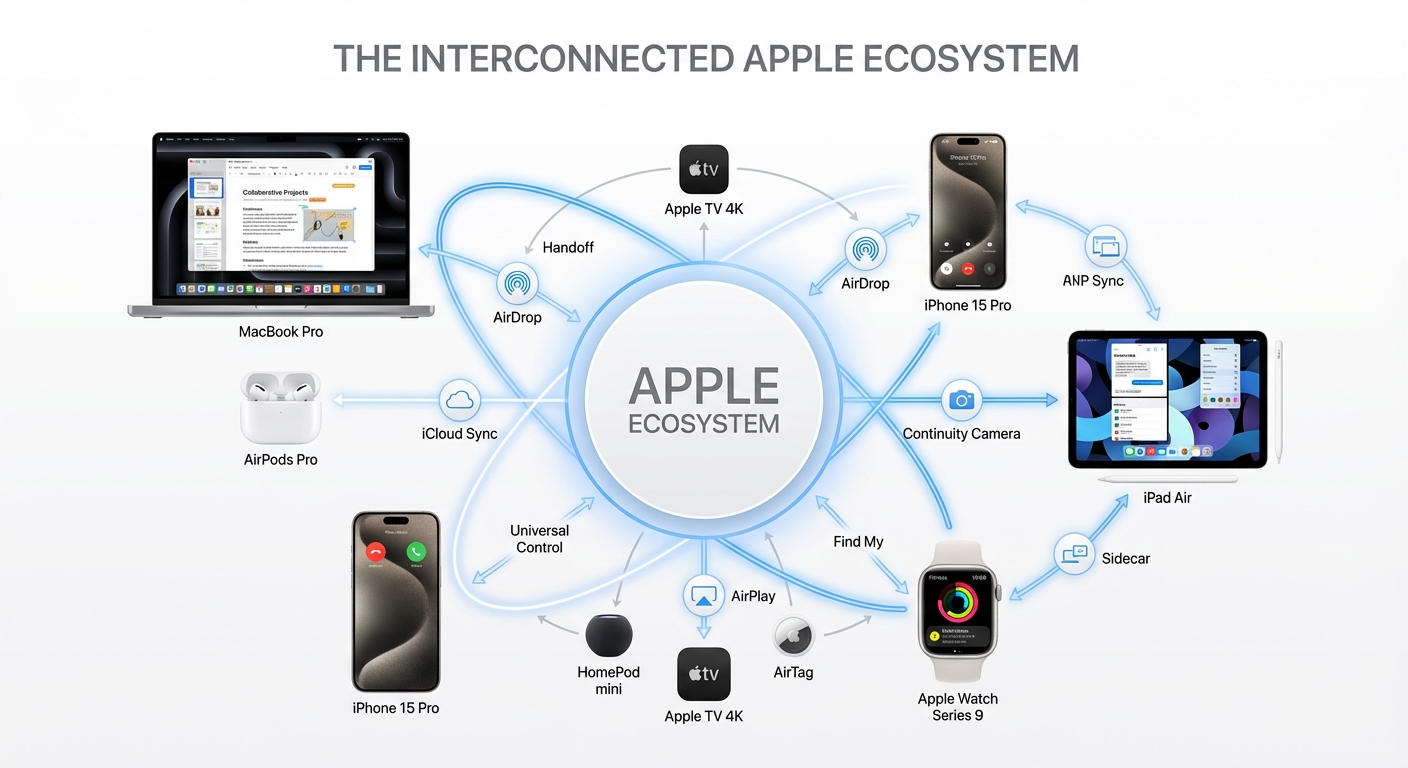 An illustration showcasing the interconnectedness of various Apple devices, such as iPhone, iPad, MacBook, and Apple Watch, via the Apple ecosystem.