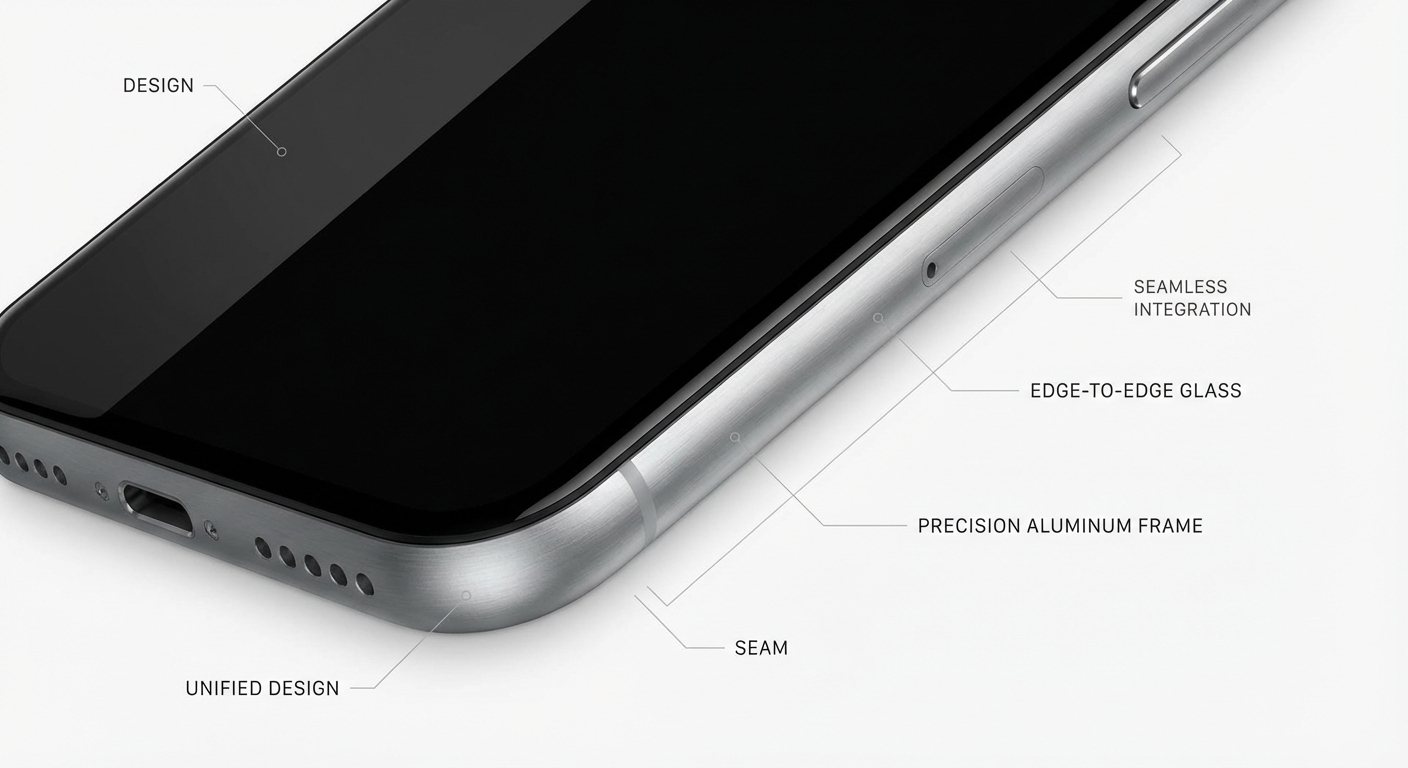 Close-up of an iPhone showing the seamless integration of the screen and the aluminum frame
