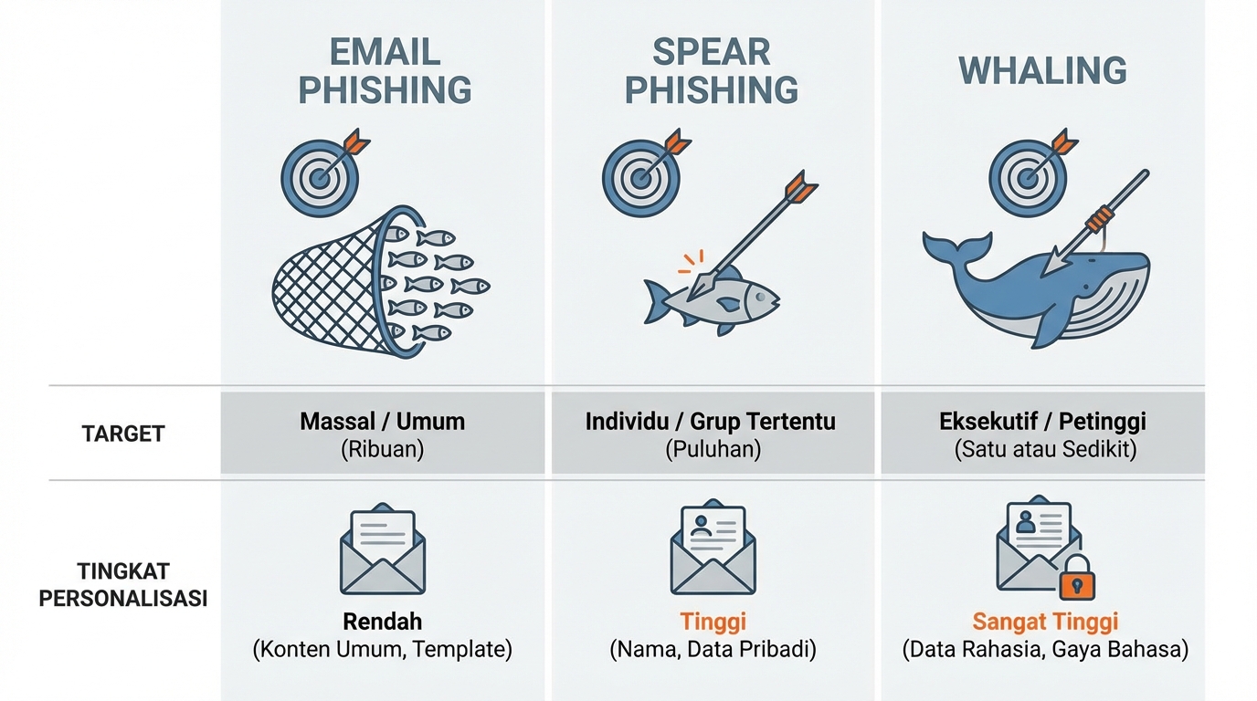 Diagram yang membandingkan email phising, spear phising, dan whaling, menekankan perbedaan target dan tingkat personalisasi.