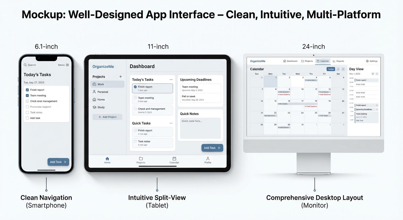 Mockup of a well-designed app interface, showcasing clean design and intuitive navigation. Include screenshots on different screen sizes.