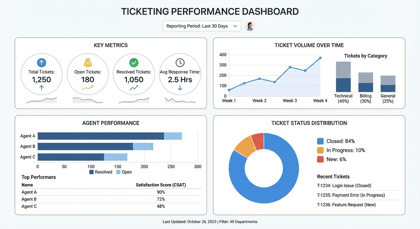 Contoh dashboard laporan aplikasi ticketing, menunjukkan berbagai metrik kinerja.