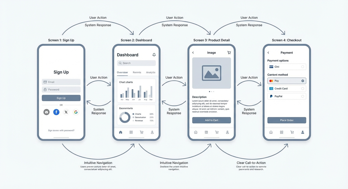 Mockup desain UI/UX aplikasi mobile, menampilkan user flow yang jelas dan tampilan yang intuitif.