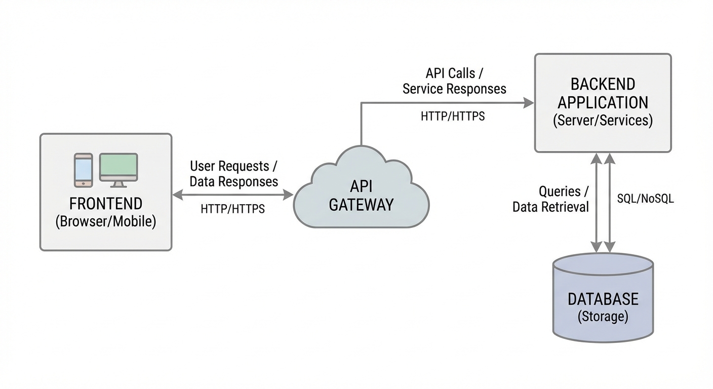Diagram arsitektur aplikasi, menunjukkan interaksi antara frontend, backend, database, dan API.