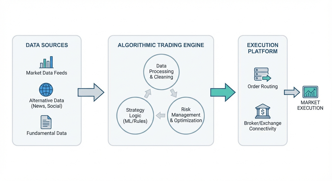 A diagram illustrating the flow of data in algorithmic trading, from data sources to the algorithm to the execution platform.