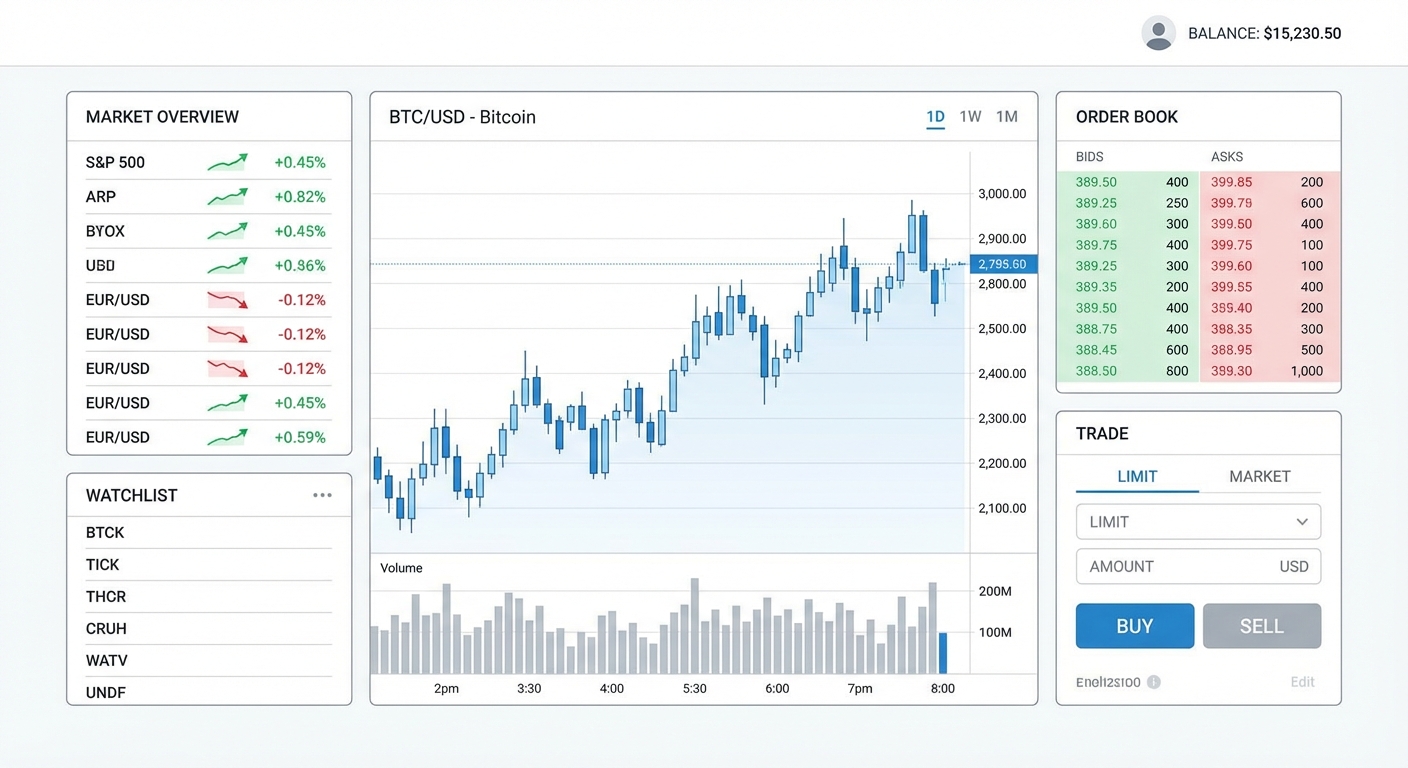 Screenshot of a modern trading platform with charts, order books, and market data.