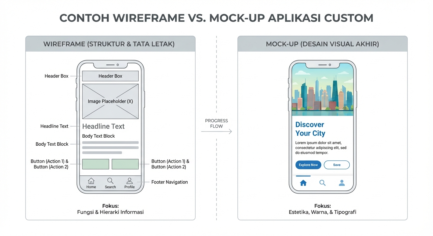 Contoh wireframe dan mock-up aplikasi custom.