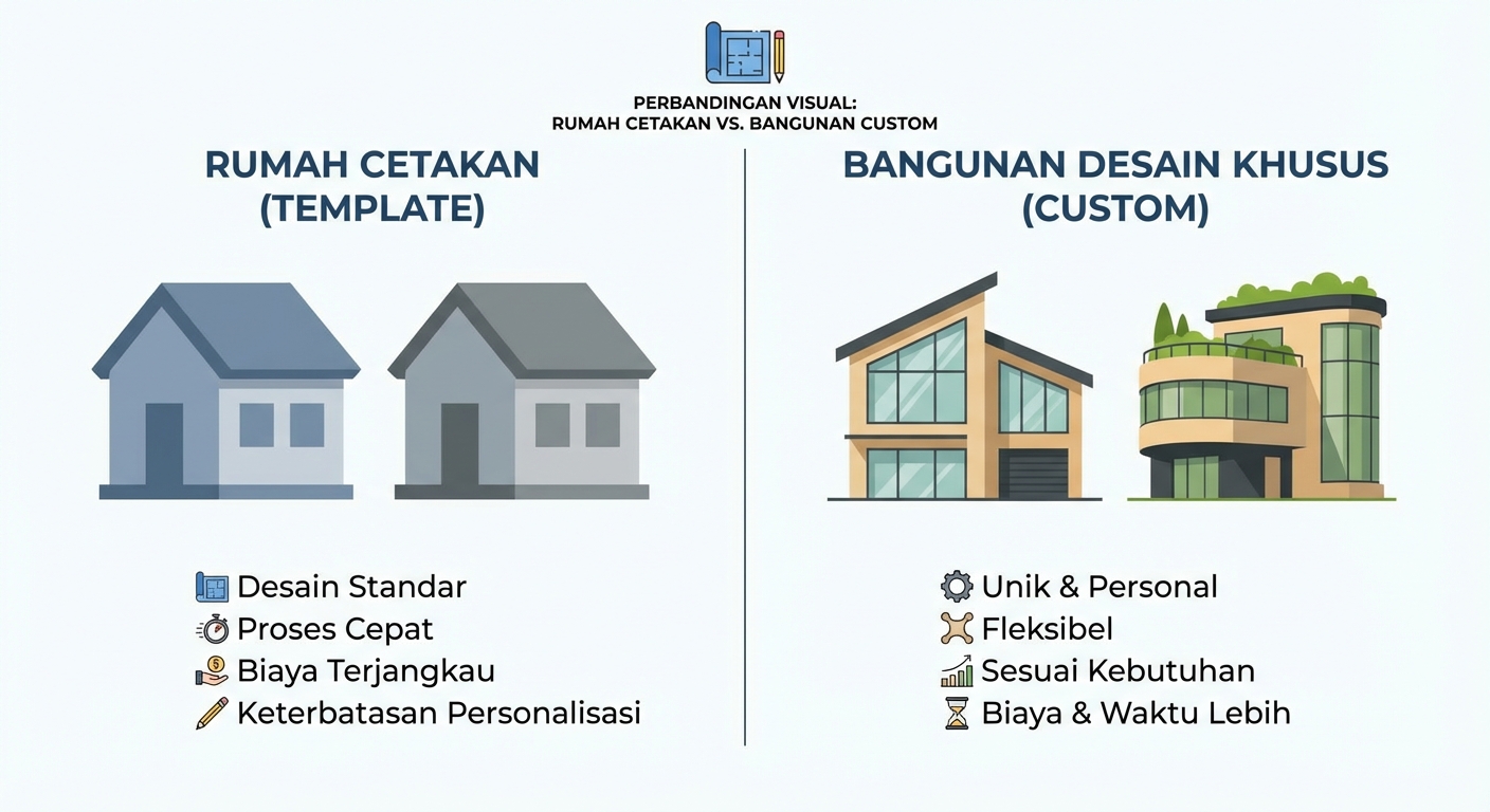 Ilustrasi perbandingan visual antara rumah cetakan (template) vs bangunan yang didesain khusus (custom).