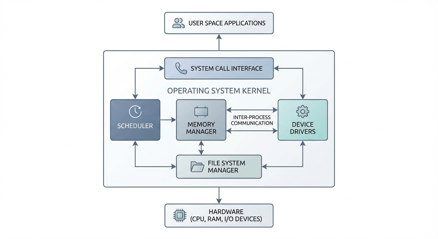 Ilustrasi blok diagram kernel sistem operasi yang menunjukkan komponen-komponen utama seperti scheduler, memory manager, dan device driver.