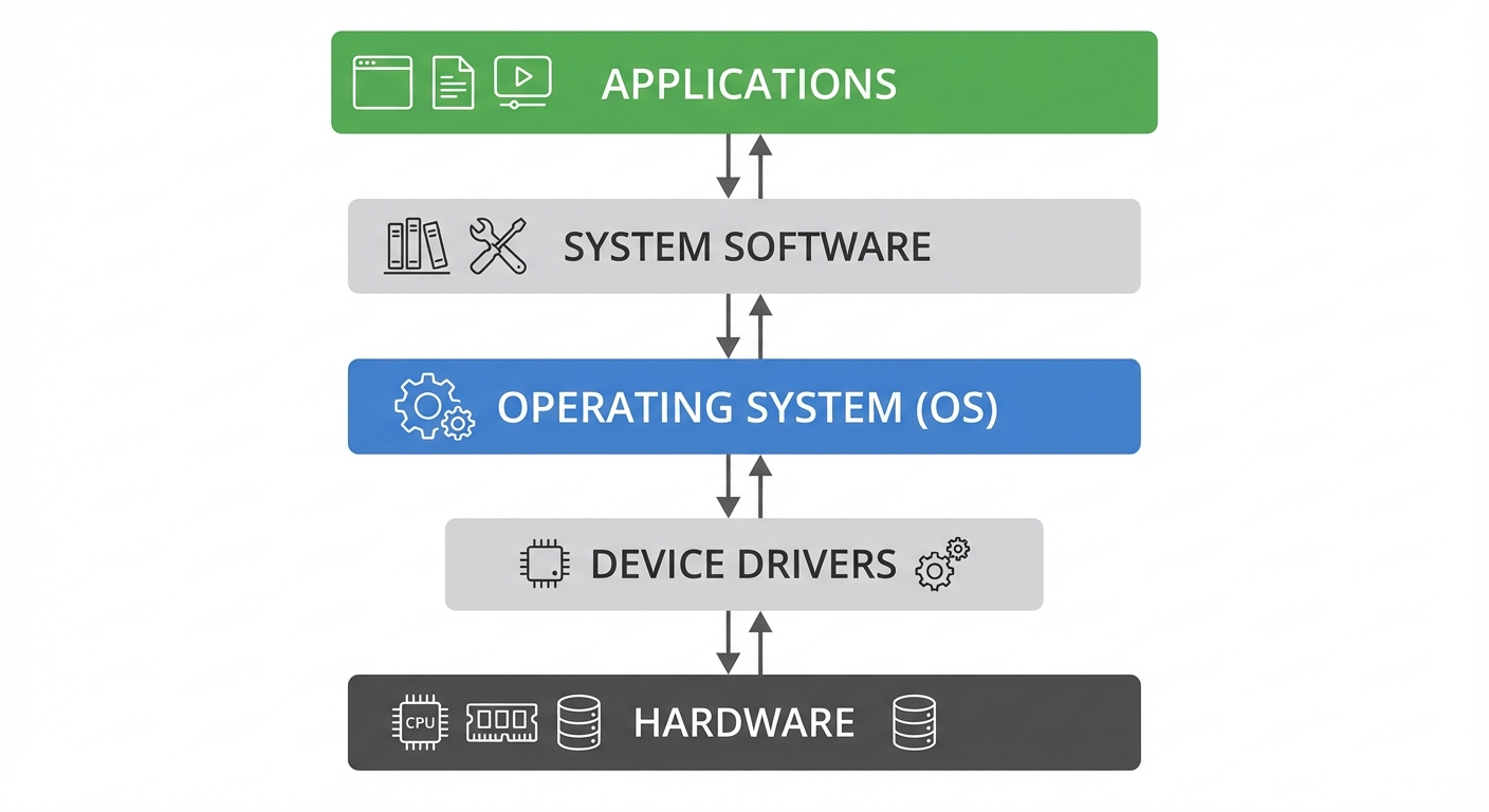 Diagram sederhana yang menggambarkan lapisan-lapisan dalam sistem komputer, dari hardware hingga aplikasi, dengan OS sebagai lapisan tengah yang menghubungkan keduanya.